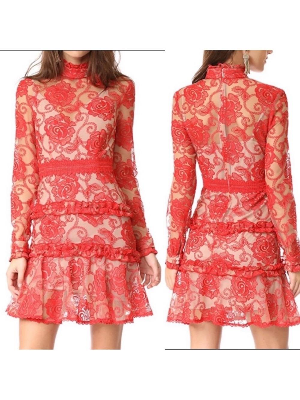 Nicholas Rosie Lace Floral Long Sleeve Mini Dress: Red